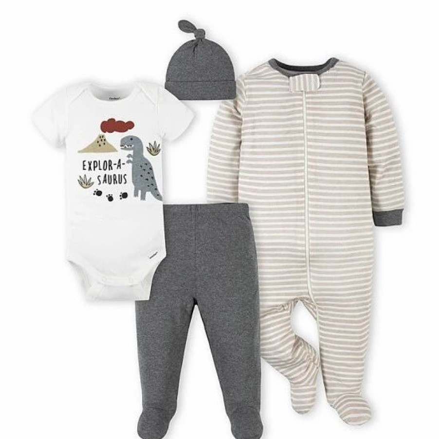 Clothing & Accessories * | Gerber Preemie 4-Piece Dino Take Me Home Set In Grey