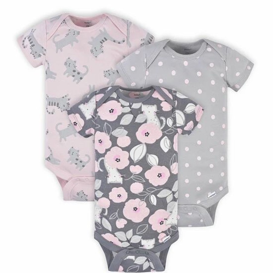 Clothing & Accessories * | Gerber 3-Pack Floral Short Sleeve Onesies Bodysuits In Grey