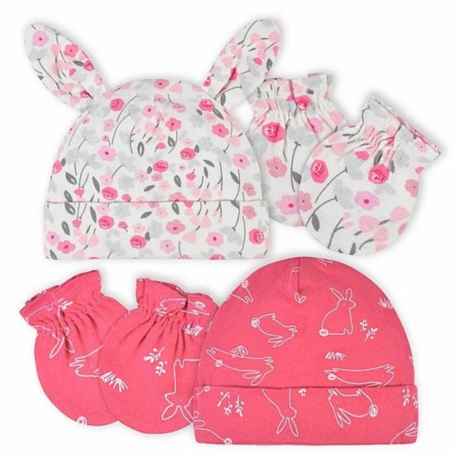 Clothing & Accessories * | Gerber 4-Piece Floral Caps & Mittens Set In Pink