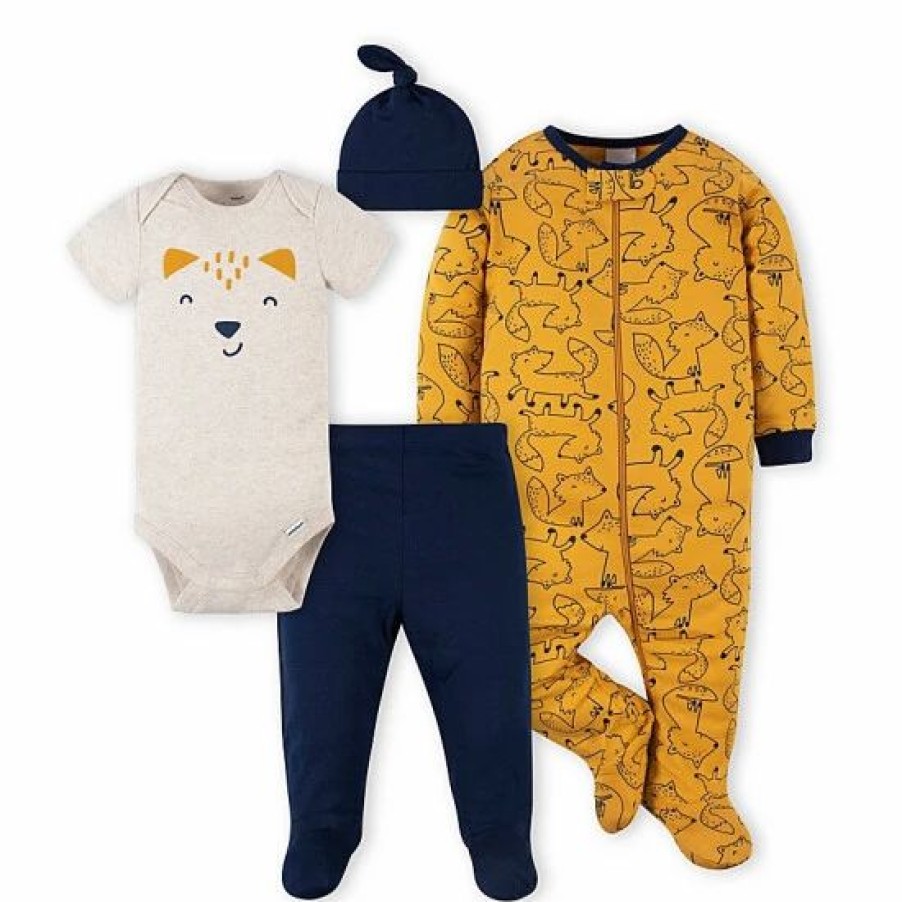 Clothing & Accessories * | Gerber 4-Piece Fox Footie, Bodysuit, Footed Pant, And Hat Set In Blue