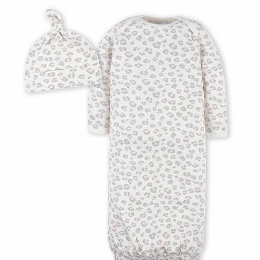 Clothing & Accessories * | Gerber 2-Piece Leopard Gown & Cap Set In Pink/Grey