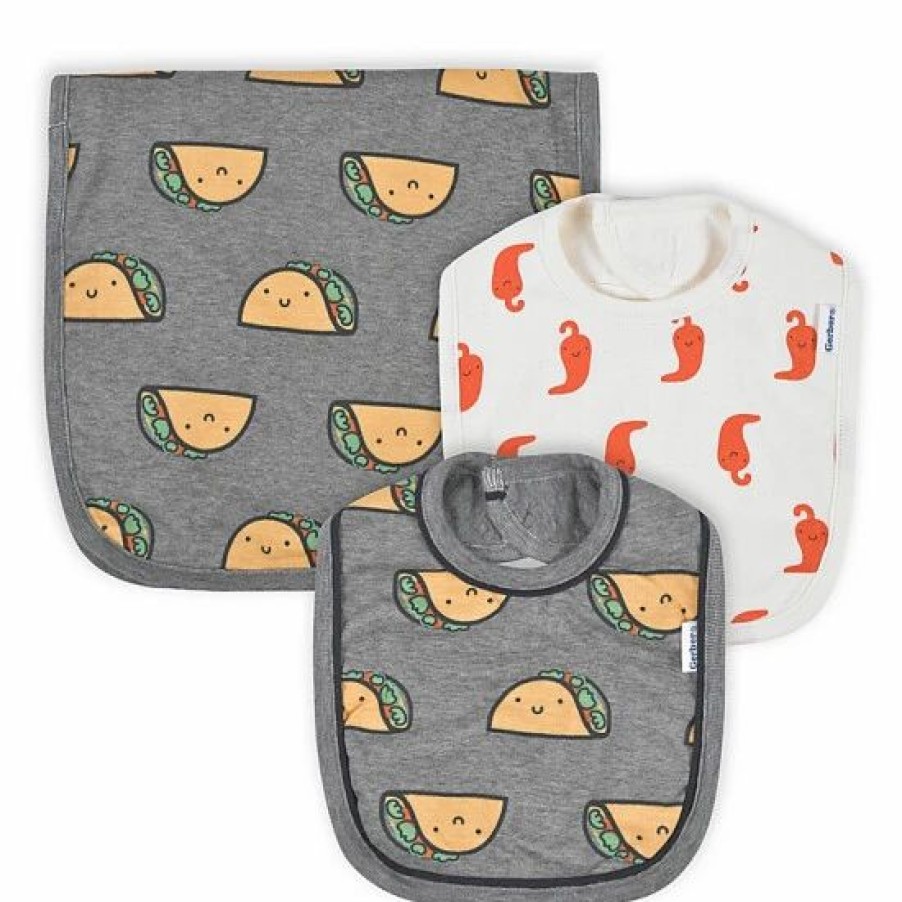 Nursing & Feeding * | Gerber 3-Piece Taco Bibs & Burp Set In Grey