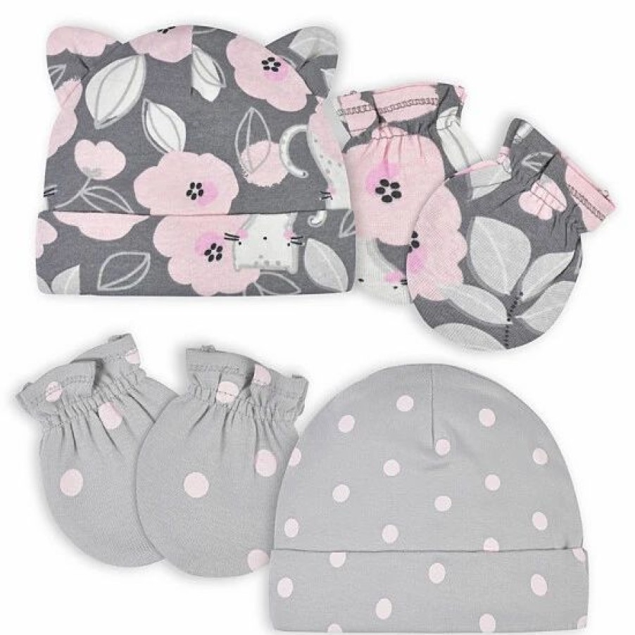 Clothing & Accessories * | Gerber 4-Piece Floral Caps And Mittens Set In Grey