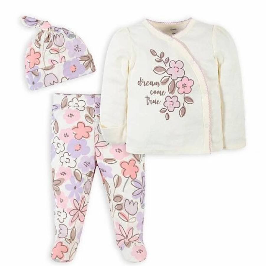 Clothing & Accessories * | Gerber Size 0-3M 3-Piece Bunny Side Snap Shirt, Pant, And Hat Take-Me-Home Set In Purple