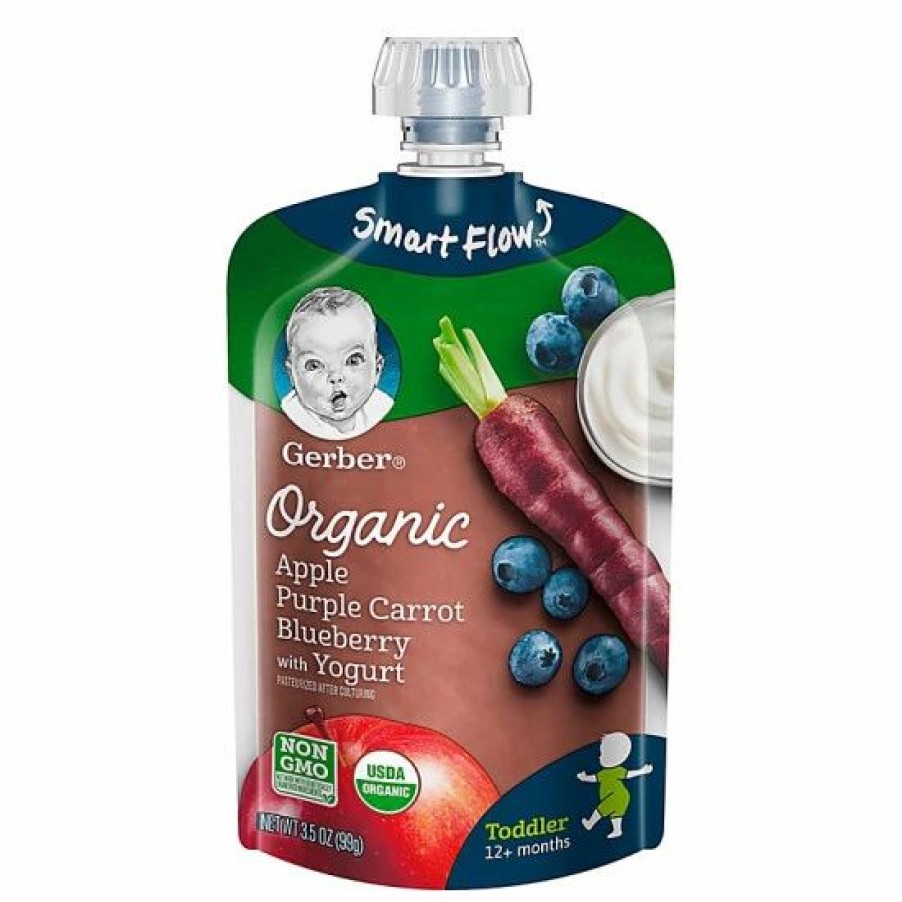 Nursing & Feeding * | Gerber 3.5 Fl. Oz. Organic Smart Flow Toddler Pouch Apple Purple Carrot Blueberry Yogurt No Color