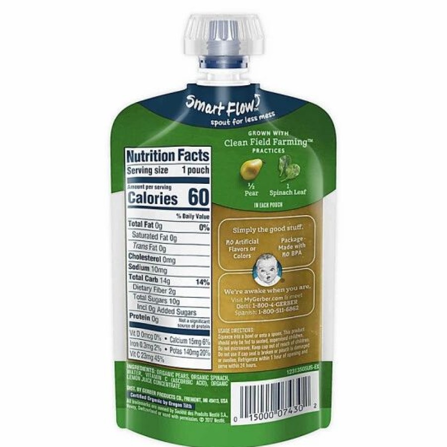 Nursing & Feeding * | Gerber 2Nd Foods Organic Pear & Spinach Puree Pouch 3.5 Oz. No Color