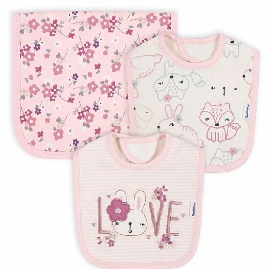 Nursing & Feeding * | Gerber 3-Piece Flowers Bib And Burp Set Pink