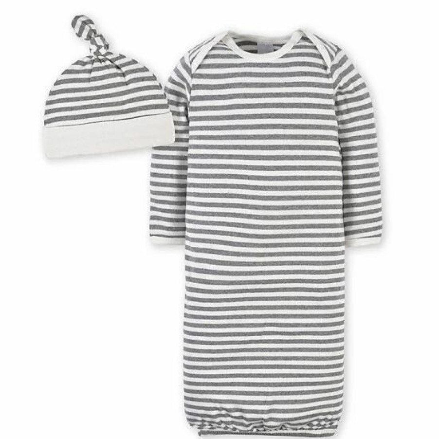 Clothing & Accessories * | Gerber 2-Piece Gown And Hat Set In Grey Stripe